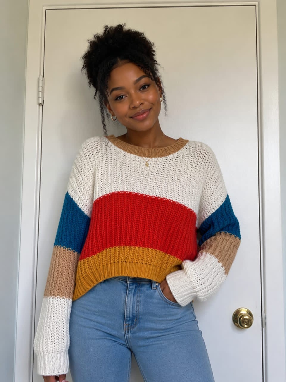 Takara Colorblock Crewneck Sweater in White, Red, Blue, Mustard, Tan • Size S